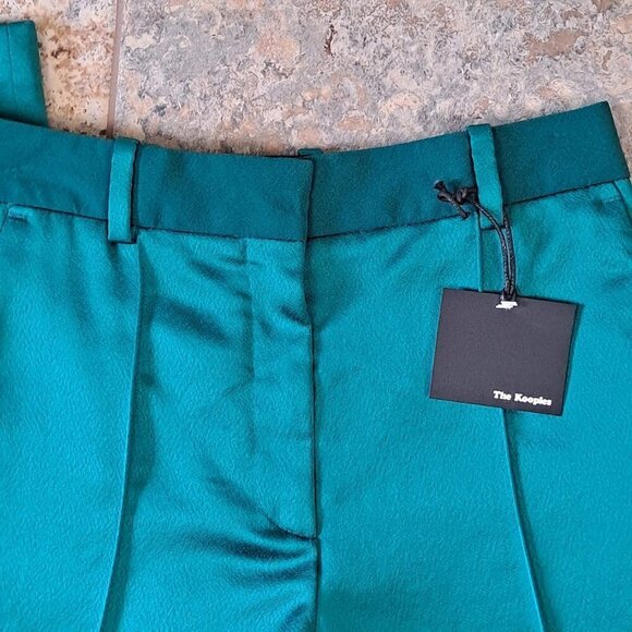 The Kooples Size XS Emerald Satin Cropped Pants Straight Leg Front Pockets NWT - Picture 4 of 15